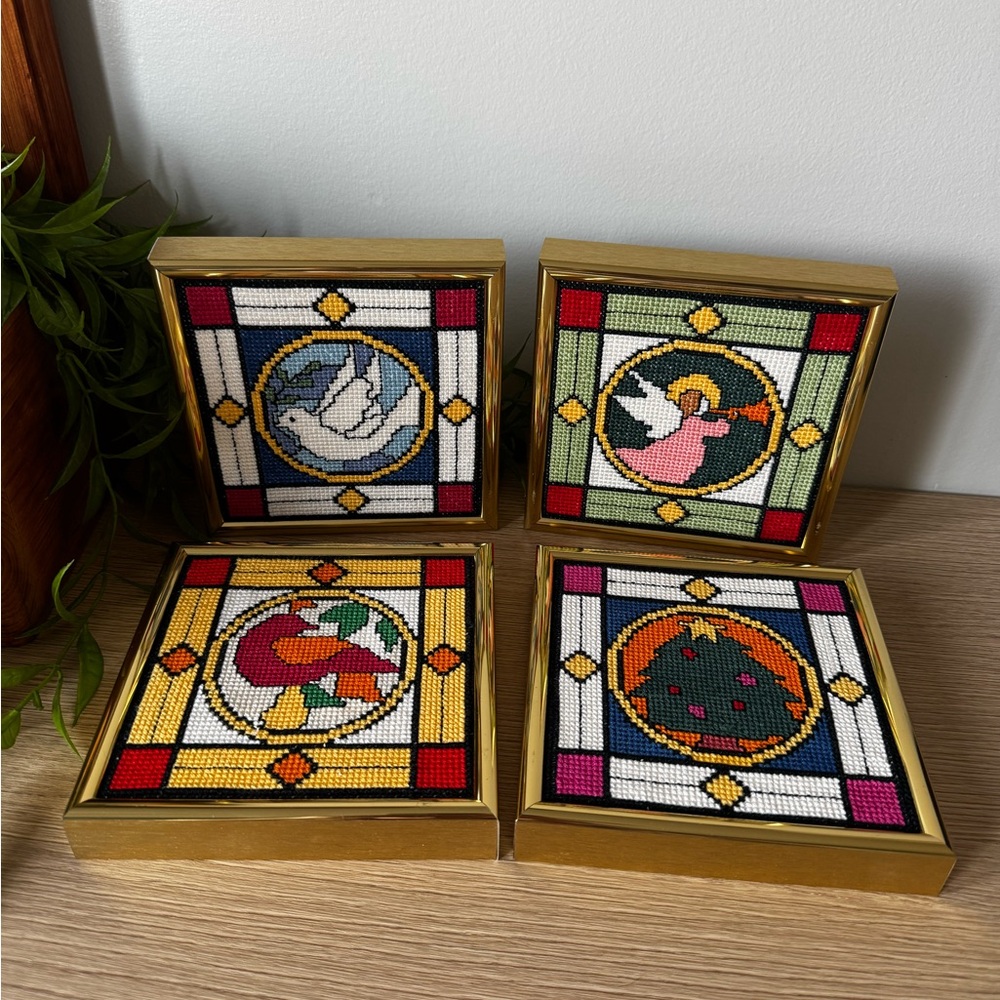 Set of Four Stained Glass Style Cross-Stitched Pictures